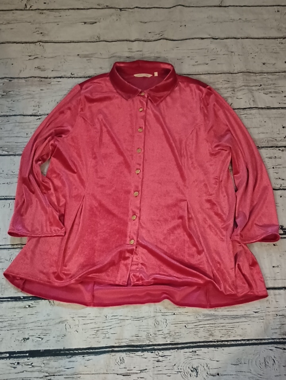 Soft Surroundings Dark Pink Velour Velvet Gold Button Long Flare Sleeve Top 3X